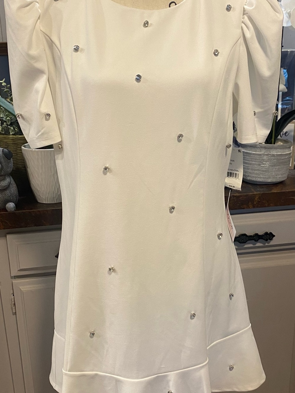 NWT Crystal Doll White Mini Dress with Puff Sleeves and Rhinestones Accents - Picture 3 of 11